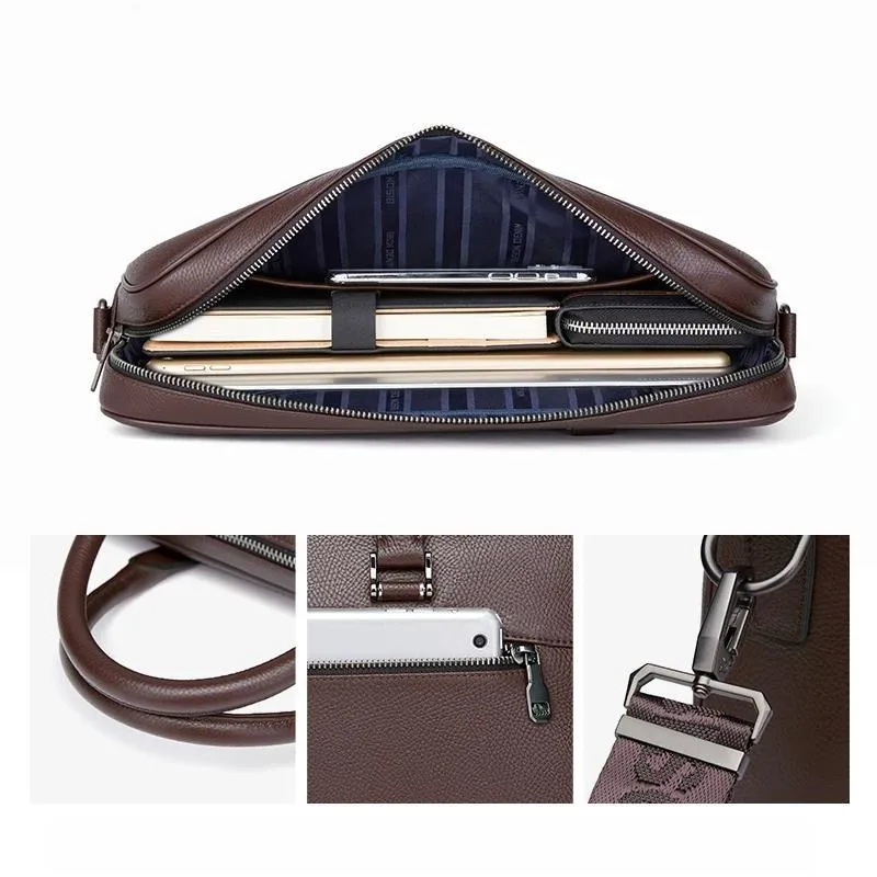 DENIM High Quality Genuine Cow Leather Briefcase Business Work Bag Men