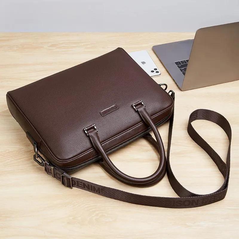 DENIM High Quality Genuine Cow Leather Briefcase Business Work Bag Men