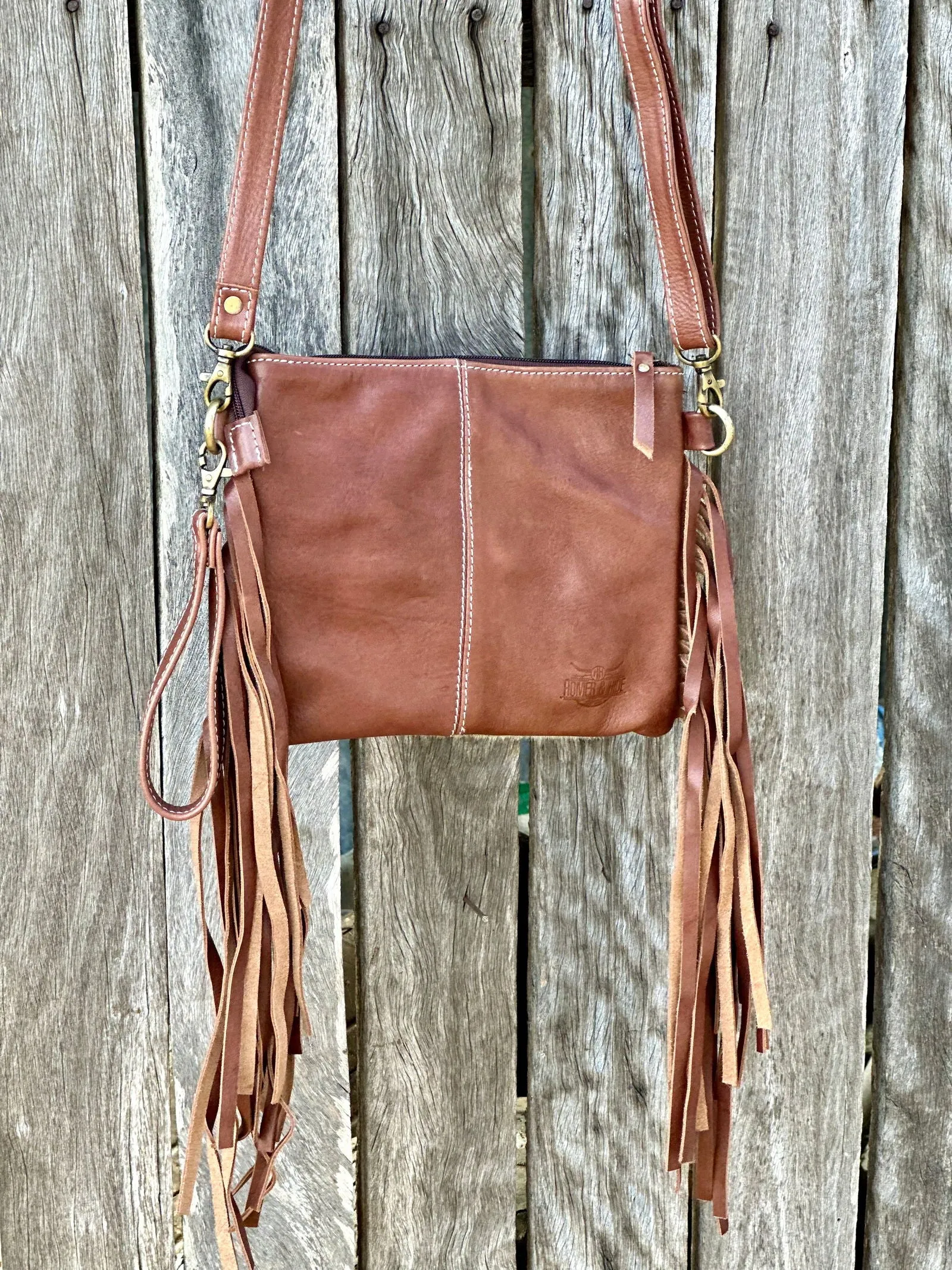 Homer & Hide Cowhide Crossbody with Tassels & Tooling Detail