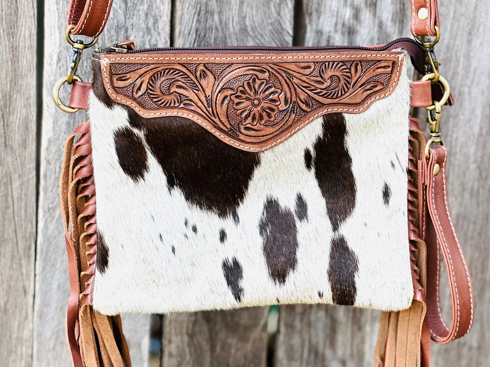 Homer & Hide Cowhide Crossbody with Tassels & Tooling Detail