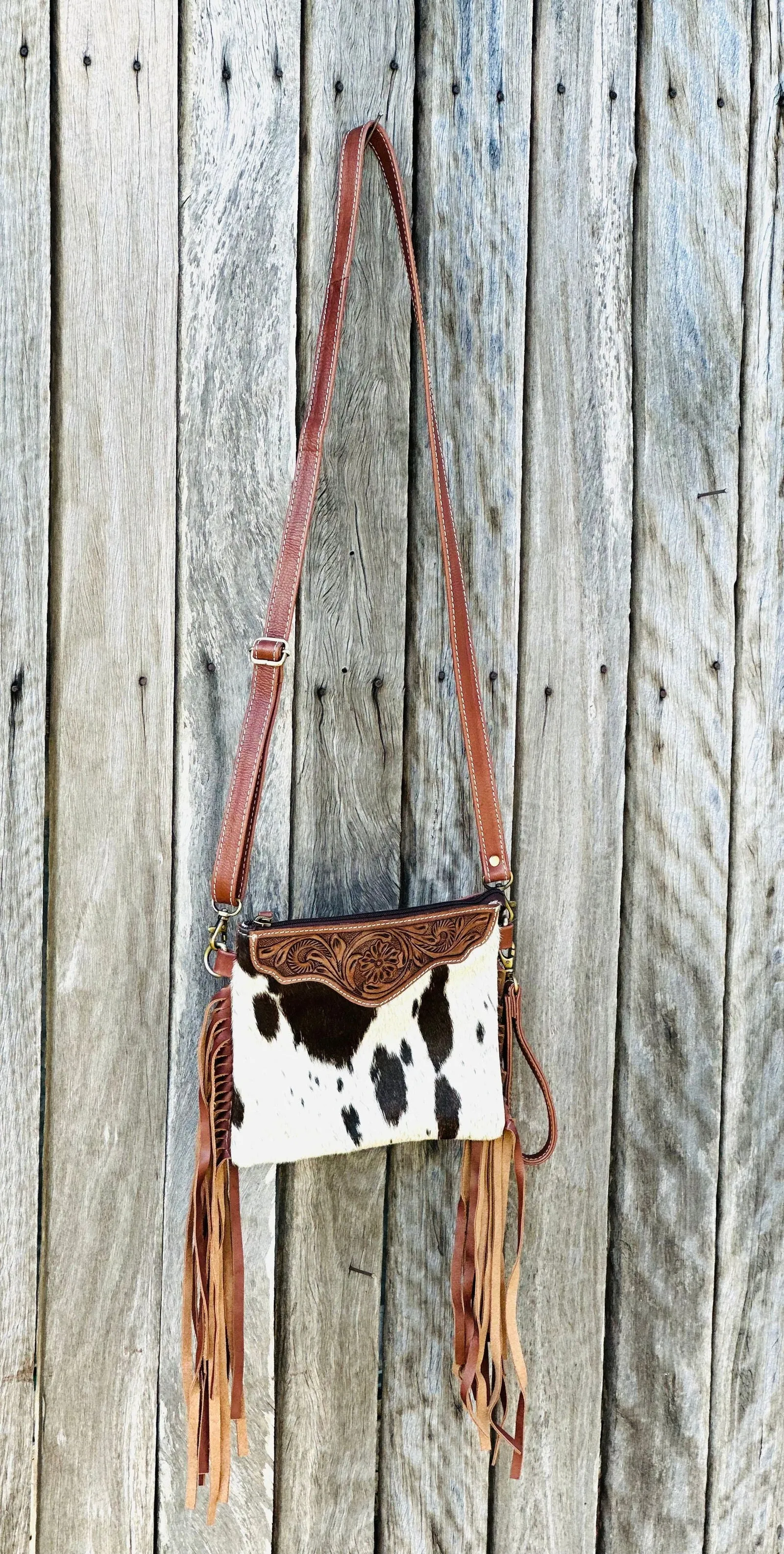 Homer & Hide Cowhide Crossbody with Tassels & Tooling Detail