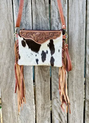Homer & Hide Cowhide Crossbody with Tassels & Tooling Detail