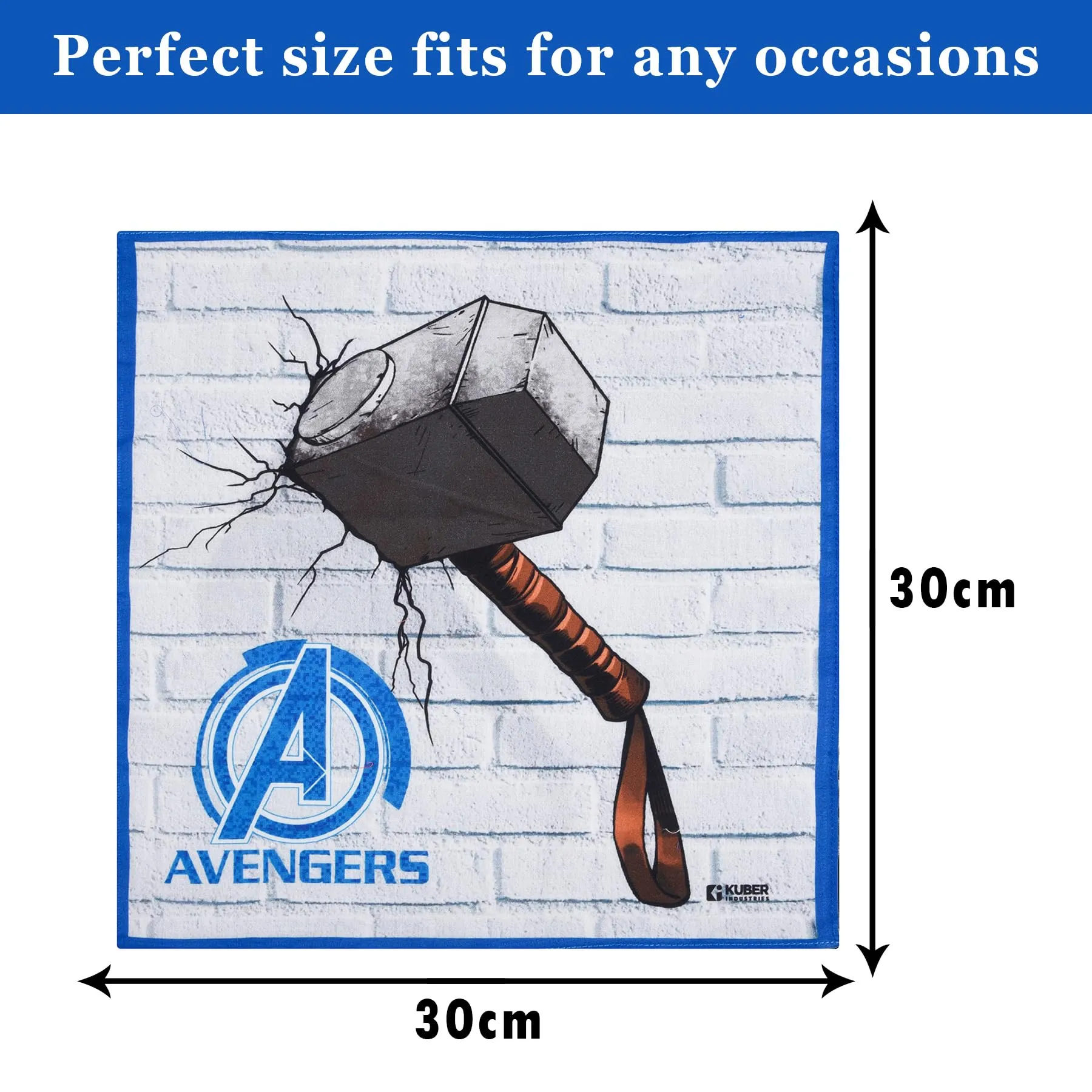 Kuber Industries Marvel Mjollnir Handkerchiefs | Cotton Handkerchiefs for Boys | Handkerchiefs for Girls | Rumal for Boys & Girls | Hankies for Gifting | Pack of 6 | Blue & White