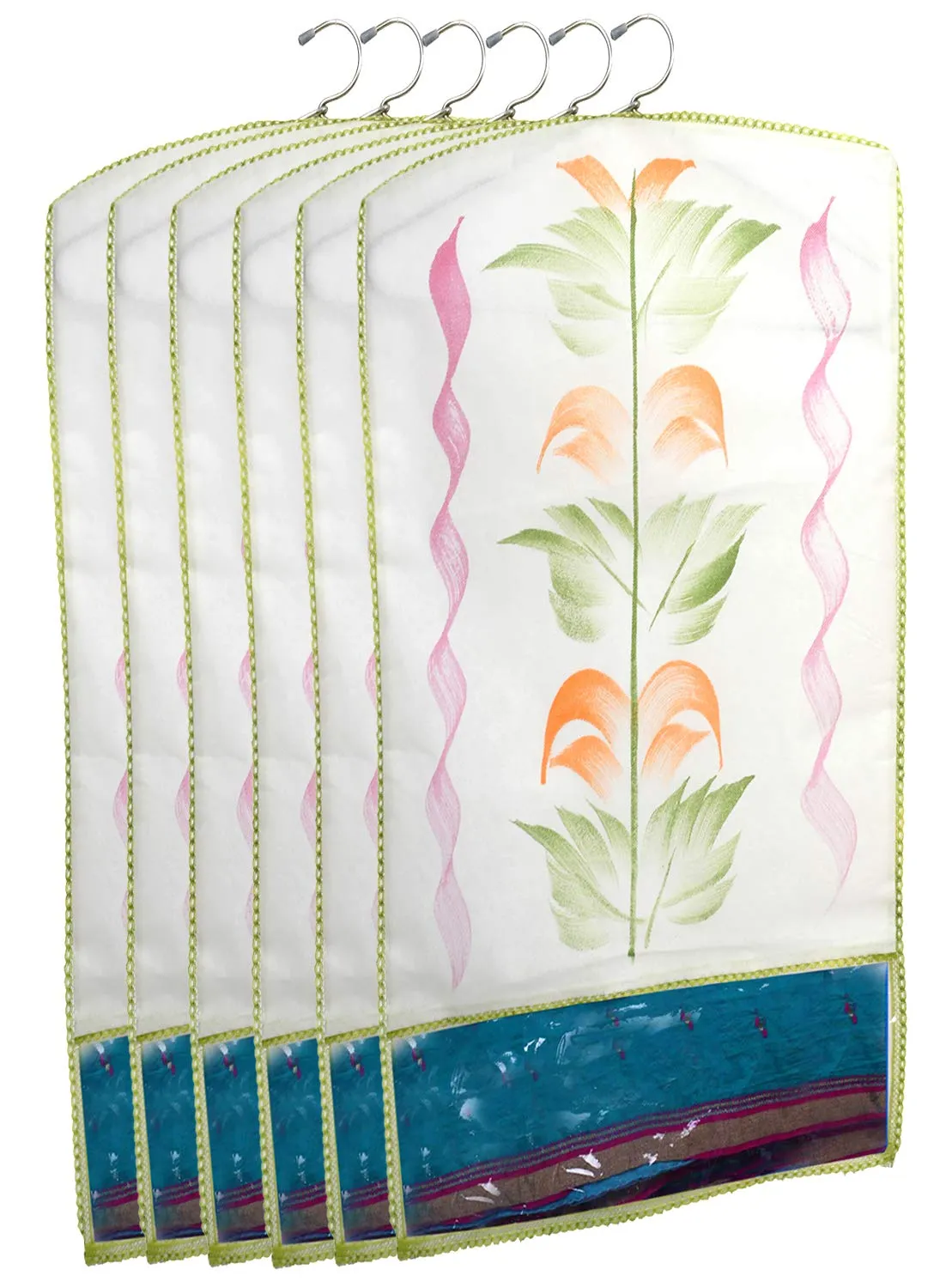 Kuber Industries Printed 6 Piece Non Woven Hanging Saree Cover Wardrobe Organiser (Green) -CTKTC038924