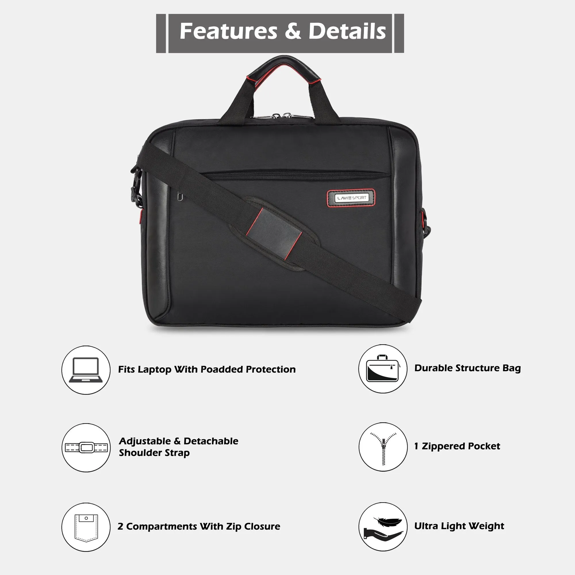 Lavie Sport 2.5 Compartment Business Pro Unisex Laptop Briefcase Bag |Messenger Bag Black