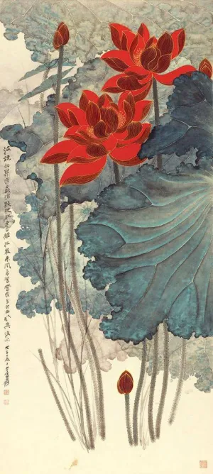 Red Lotus - Zhang Daqian - Chinese Gongbi Floral Art Painting - Framed Prints