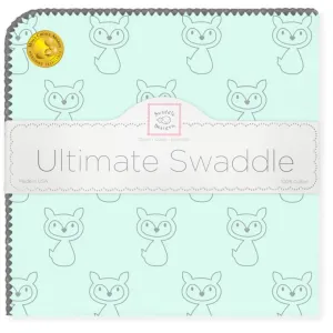 Ultimate Swaddle Blanket - Gray Fox on Pastel SeaCrystal with Dark Gray Trim