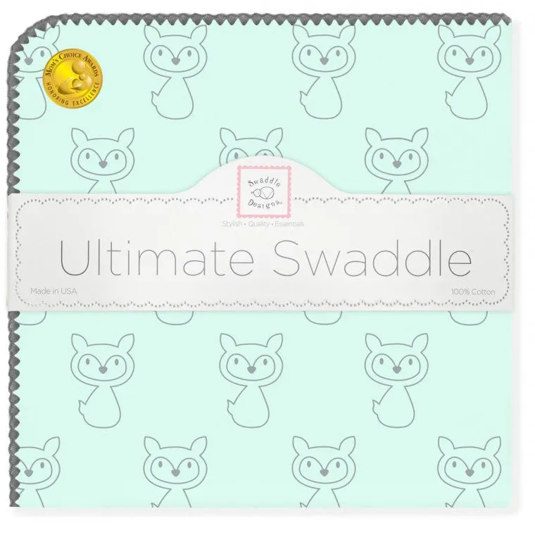 Ultimate Swaddle Blanket - Gray Fox on Pastel SeaCrystal with Dark Gray Trim