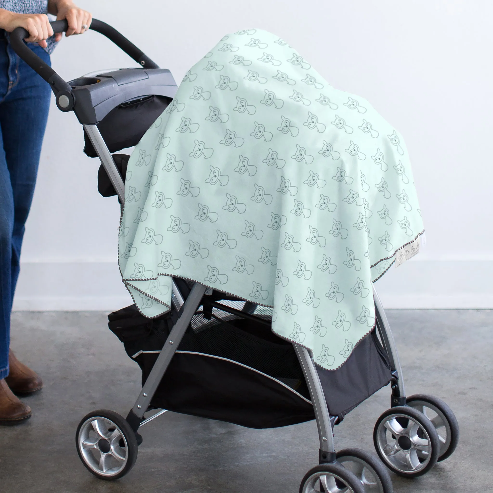 Ultimate Swaddle Blanket - Gray Fox on Pastel SeaCrystal with Dark Gray Trim