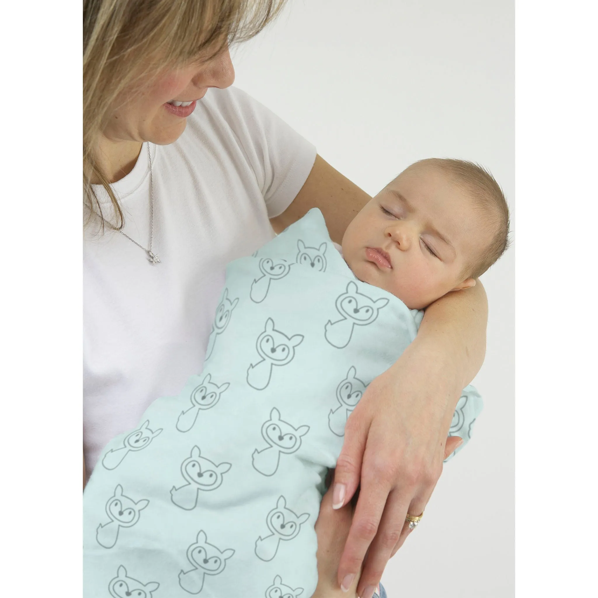 Ultimate Swaddle Blanket - Gray Fox on Pastel SeaCrystal with Dark Gray Trim