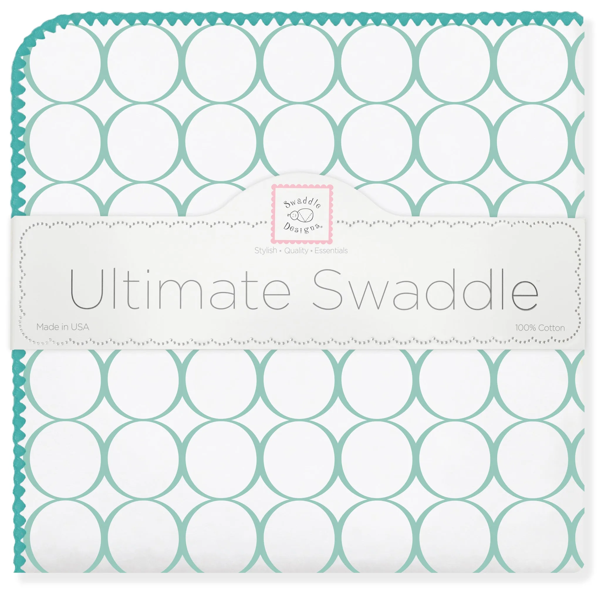 Ultimate Swaddle Blanket - Mod Circles on White, SeaCrystal with Turquoise Trim