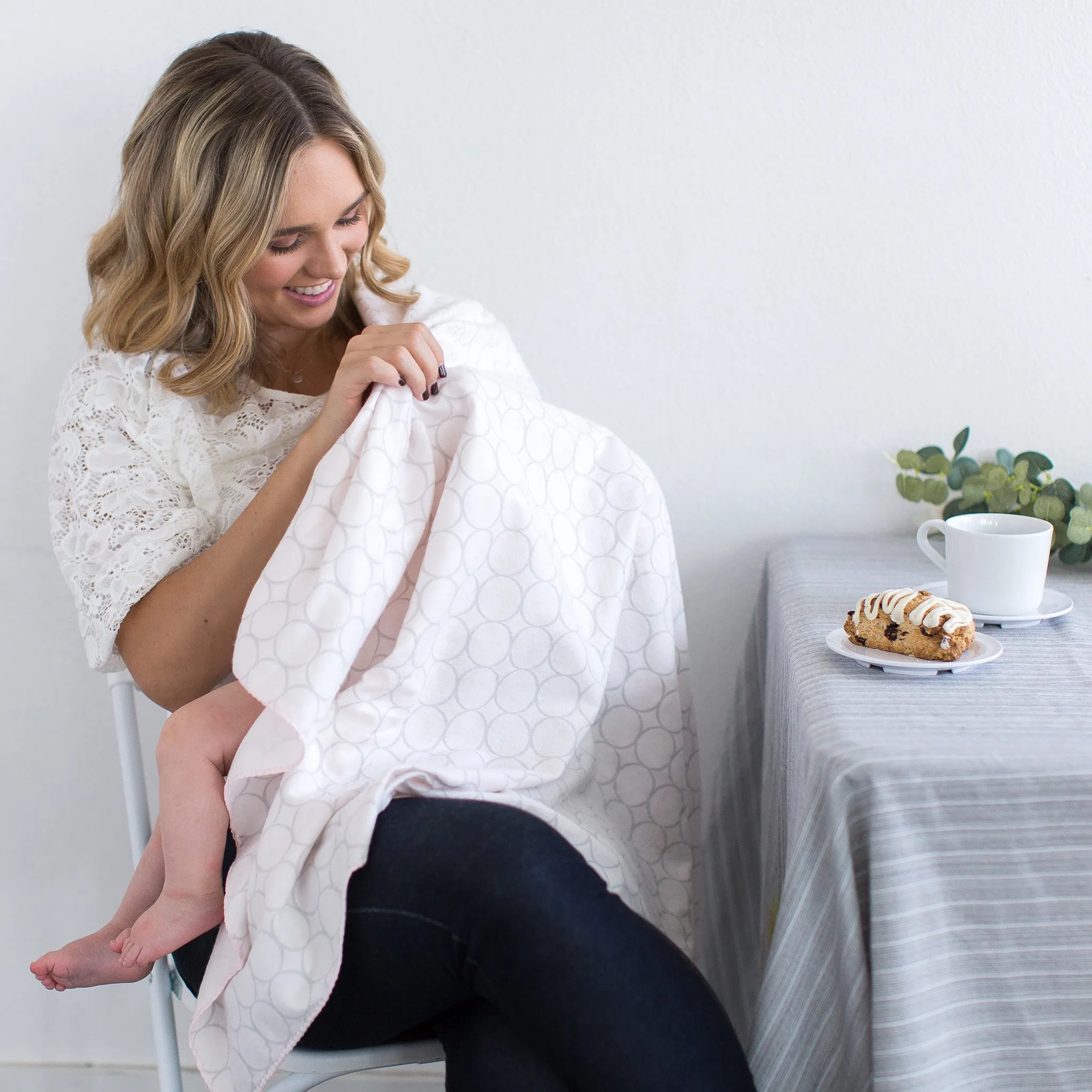 Ultimate Swaddle Blanket - Mod Circles on White, SeaCrystal with Turquoise Trim