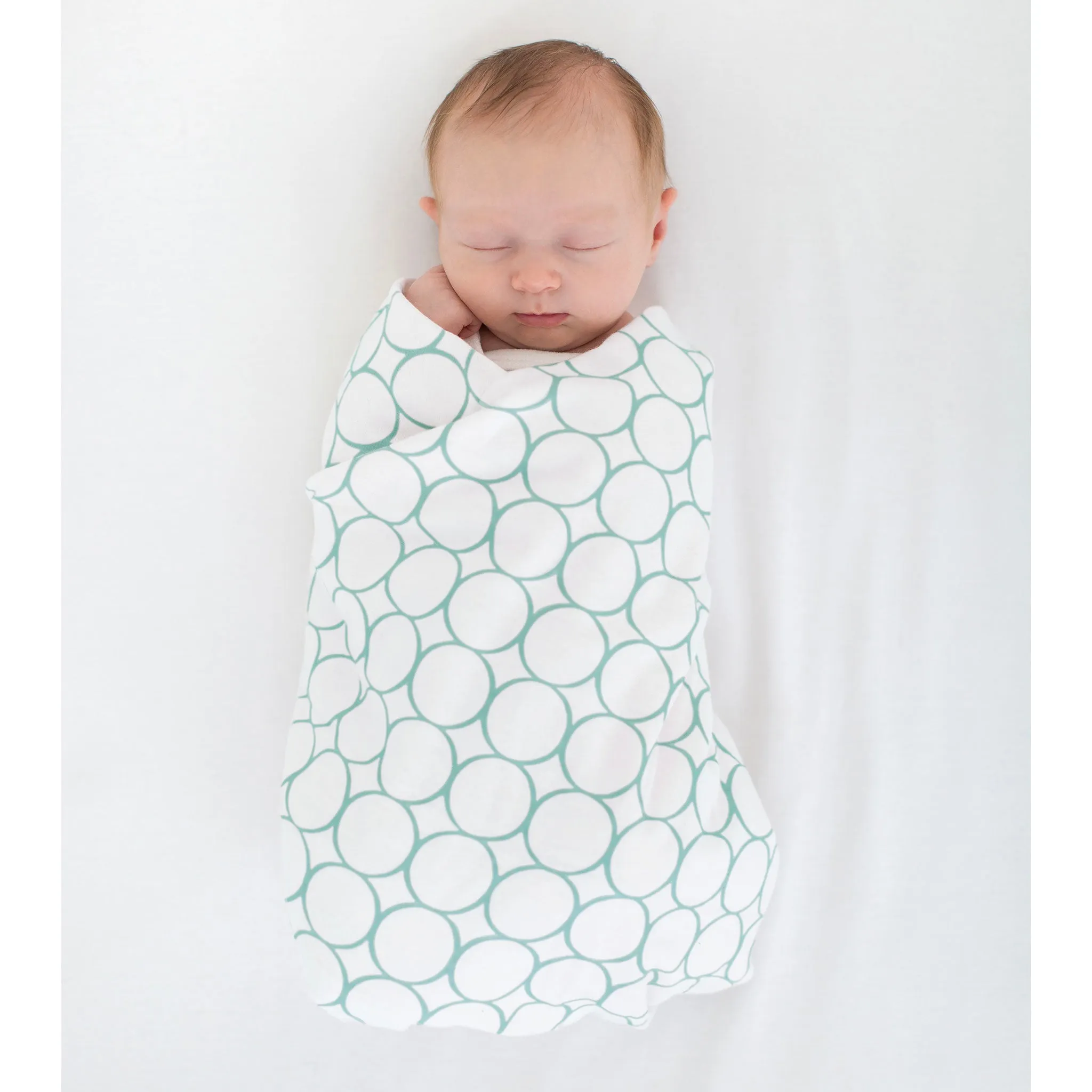 Ultimate Swaddle Blanket - Mod Circles on White, SeaCrystal with Turquoise Trim
