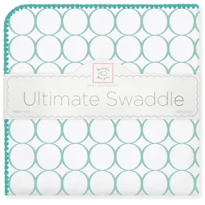 Ultimate Swaddle Blanket - Mod Circles on White, SeaCrystal with Turquoise Trim
